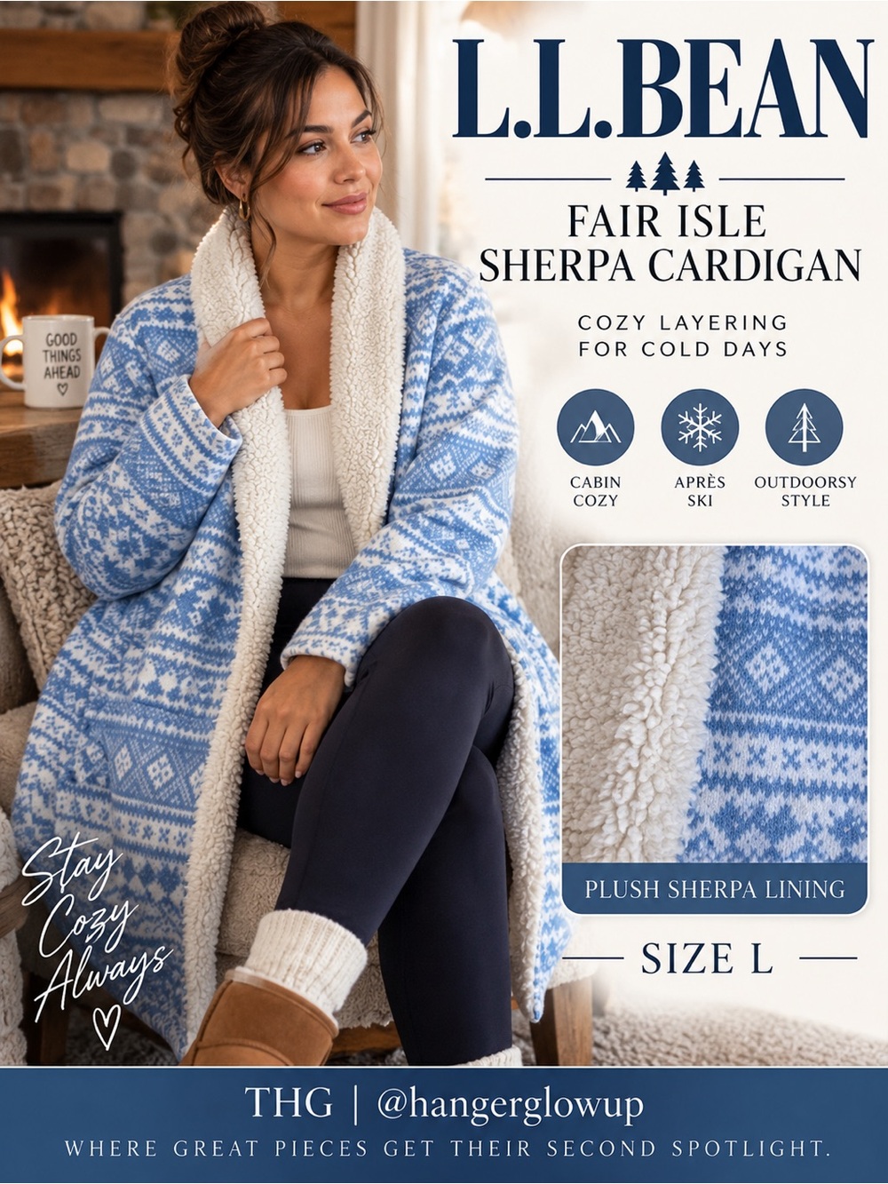 L.L.Bean Fair Isle Sherpa Lined Open Cardigan Coatigan Blue White L